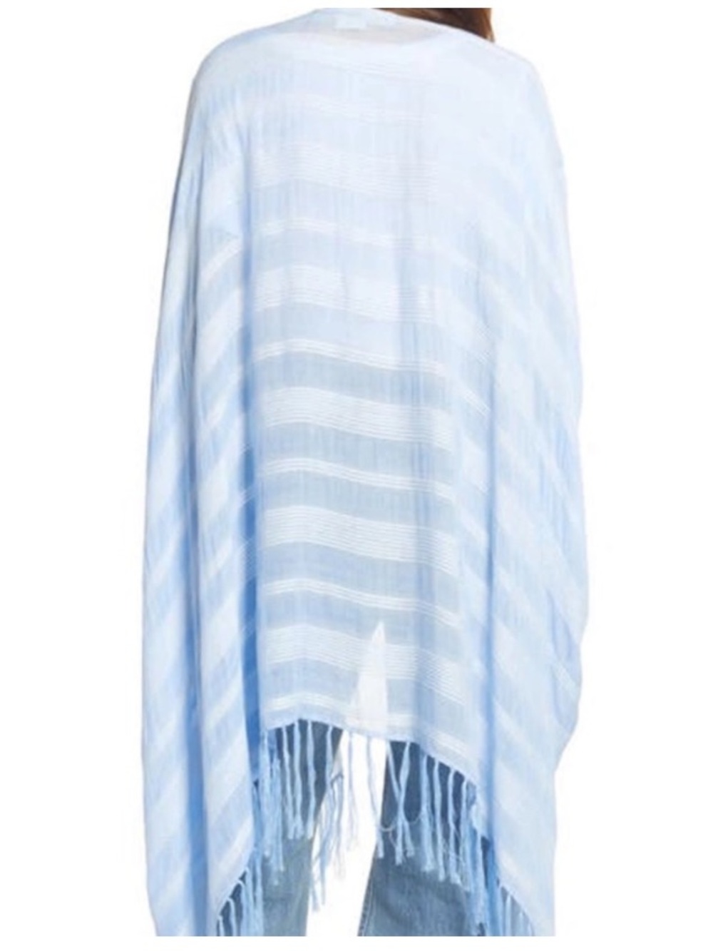 Treasure &Bond Light Blue Striped Fringe Open Arm Hole Flowy Cape Wrap Ruana OS - Picture 3 of 9